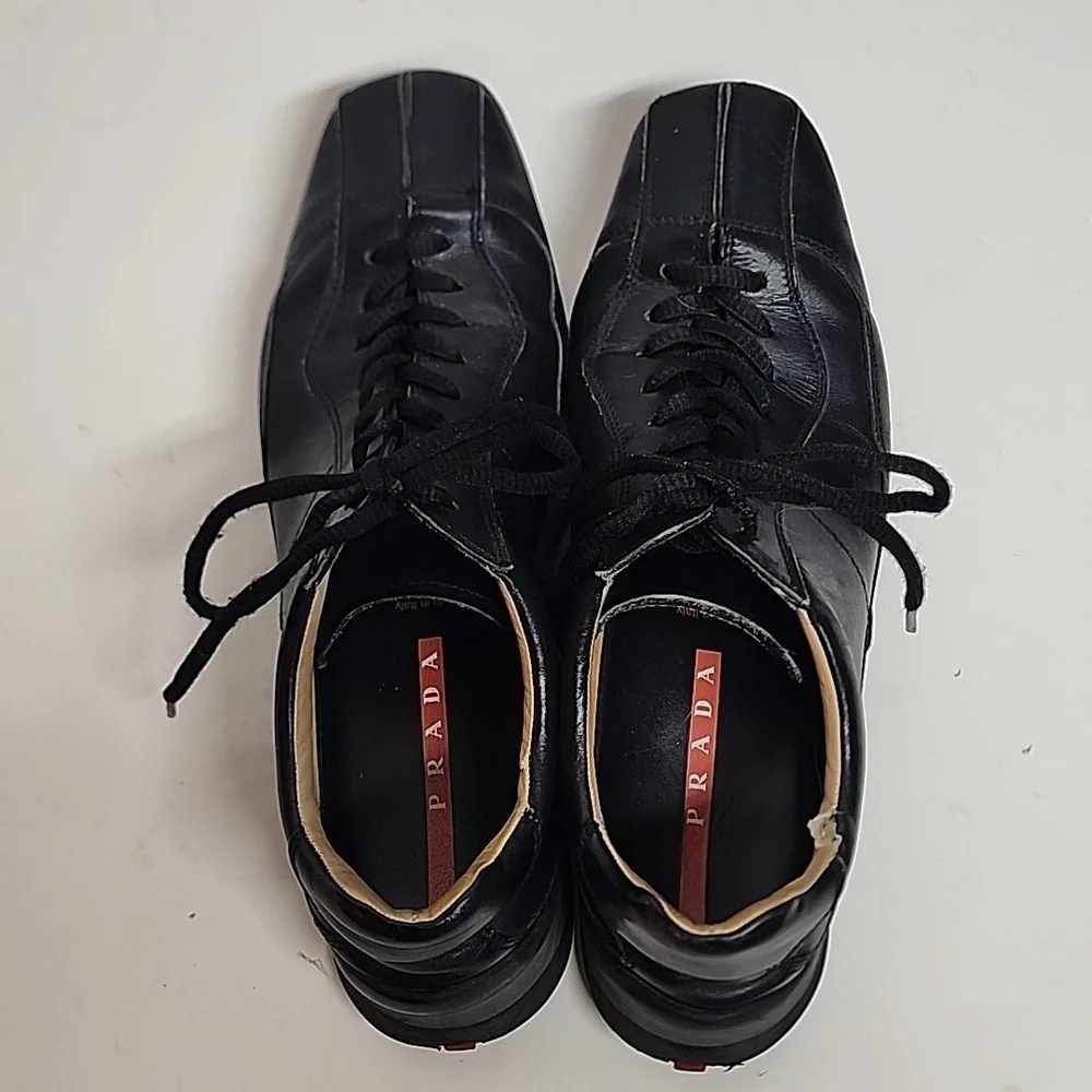 Prada black square toe lace up mens leather sneakers.  Made in Italy.  Quality. - Picture 2 of 12